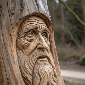 Old Man Face Carved in Log Art