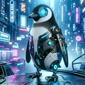 Cyberpunk Penguin in Futuristic Cityscape