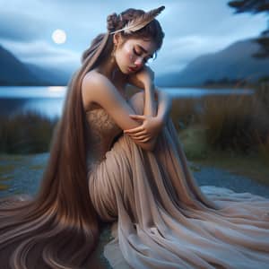 New Zealand Maori Maiden Weeping by Moonlit Lake