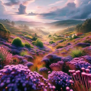 Picturesque Landscape in Galicia with Purple Flowers