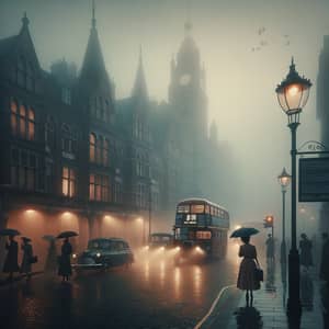 1950s London Fog: Iconic Street Scene with Victorian Buildings