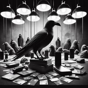 Black Raven on Bank Cards, Phones, Euro Money - Fraud Theme Scene