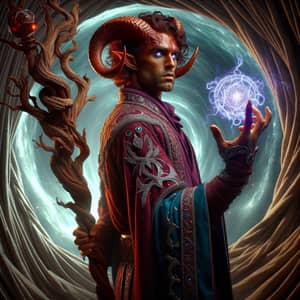 Hispanic Tiefling Sorcerer wielding elderwood staff in vibrant amethyst robes