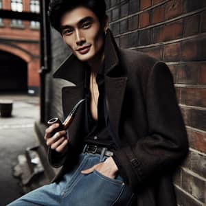 Asian Male Pop Star with Stylish Fashion Leaning Against Brick Wall