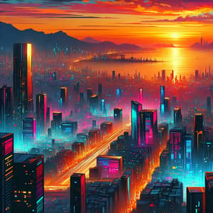 Futuristic Cityscape Painting at Sunset | Vibrant Neon Colors