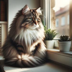 Serenely Sitting Fluffy Cat on Windowsill | Bright Green Eyes