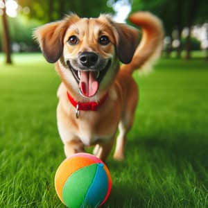 Playful Medium-Sized Dog Fetching Multicolored Ball in Green Park