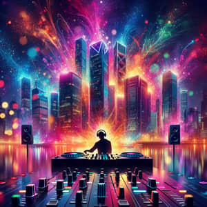 Vibrant Cityscape with Neon Lights - DJ Booth Silhouette