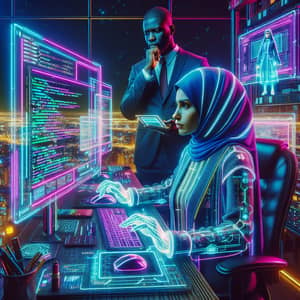 Cyberpunk Computer Expert Helping Business | Neon Coding Scene