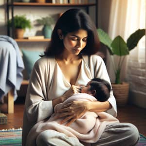 Serene South Asian Mother Breastfeeding in Cozy Room