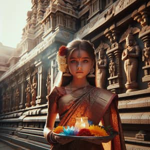 Tamil Girl in Silk Saree at South Indian Temple