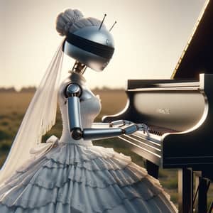 Elegant Female Android in Wedding Dress Playing Piano