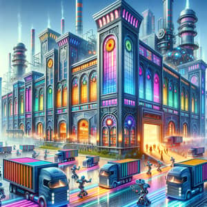 Colorful Future Steel Mill with Robot Workers and Trucks