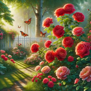 Exquisite Spring Roses Garden | Lush Red Blooms & Butterflies