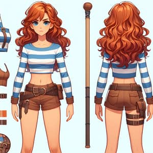 Wavy Orange Haired Character in Blue Striped Shirt and Brown Shorts