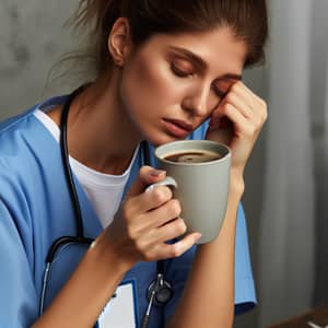 Exhausted Caucasian Female Hospital Employee Coffee Break
