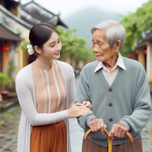 Supportive Vietnamese Woman Helping Elderly Man Walk