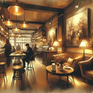 Cozy Café Interior Digital Painting in Earth Tones