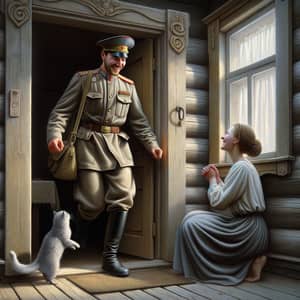 Russian Soldier Returns Home to Wife and Gray Cat - Realistic Scene