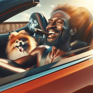 Black Man Driving Sports Car with Cigar & Dog