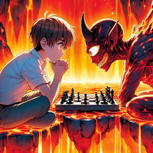 Anime-Style Chess Battle Over Lava Chasm - Dramatic Illustration