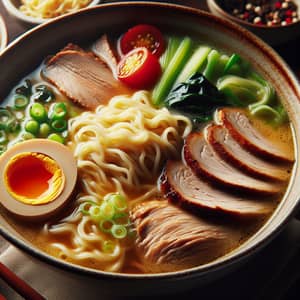 Delicious Ramen Bowl with Tender Meat and Fresh Vegetables