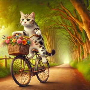 Cute Spotted Cat Riding Vintage Bicycle | Whimsical Scene