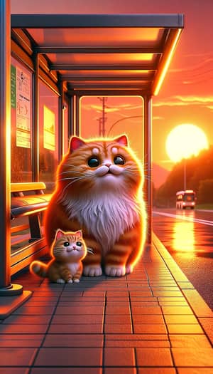 Chubby Orange Cat and Kitten Waiting for Bus