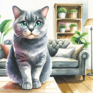 Grey Fur Cat Watercolor Painting | Homey Room Background