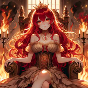 Red-Haired Girl in Corset Dress on Golden Throne Surrounded by Fire