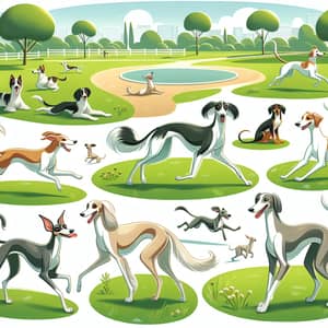 Serene Park Scene: Playful Dogs, Saluki and More Breeds