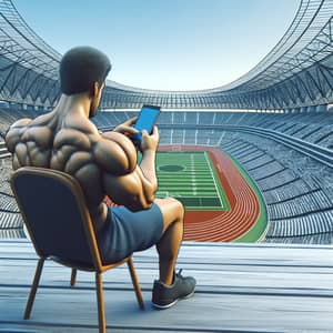 Hispanic Athlete Engrossed with Smartphone at Sports Stadium