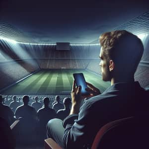 Concentrated Man in Large Stadium Crowd with Mobile Phone