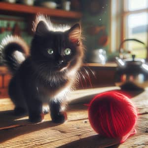 Sleek Black Cat with Green Eyes on Oak Table