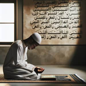 African Descent Muslim Praying on Prayer Mat in Traditional Attire