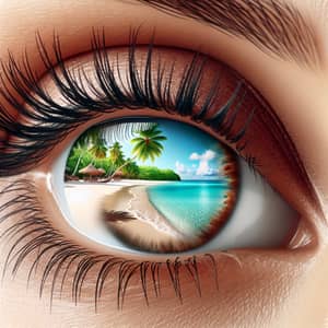 Brown Eye with Serene Beach Reflection - Intriguing Close-up View