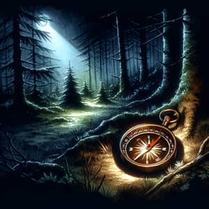 Enchanting Watercolor Painting of Mysterious Woodland with Compass