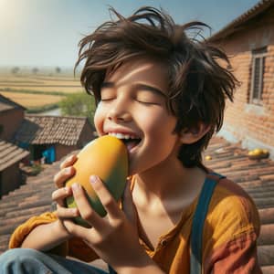 South Asian Boy Enjoying Ripe Mango on Rooftop