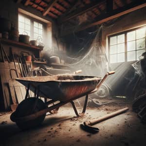 Rusted 'McQueen' Wheelbarrow in Abandoned Garage - Symbol of Hard Work