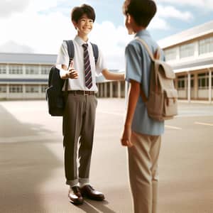 Friendly Asian Male Middle School Student - Warm Greetings in School Setting