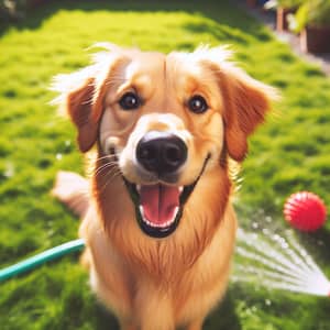 Joyful Golden Retriever Playing in Sunny Backyard