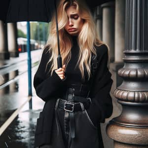 Contemporary Pop Musician in Rainy Urban Setting