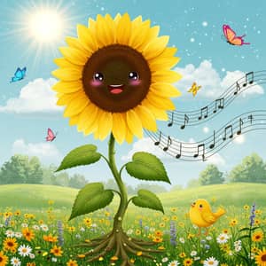 Kawaii Sunflower with Musical Roots and Happy Face