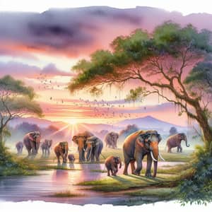 Tranquil Elephants Watercolor Art