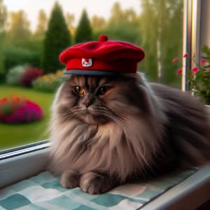 Charming Cat in a Red Cap on a Sunny Window Ledge