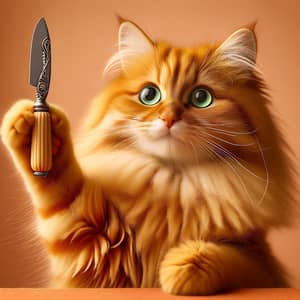 Fluffy Orange Cat Holding Butter Knife