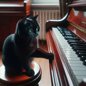 Black Domestic Short-Haired Cat Next to Mahogany Grand Piano