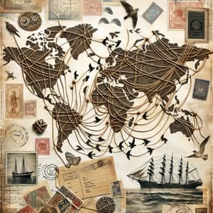 Intricate Migration and Travel Collage with World Map and Symbolic Elements