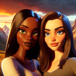 Captivating Beauty in Vibrant Animation: Black and Caucasian Women on Alps Mountain