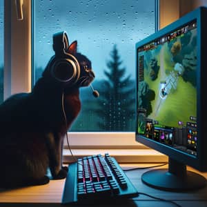 Black Cat Playing Dota 2 - Relaxing Evening Scene